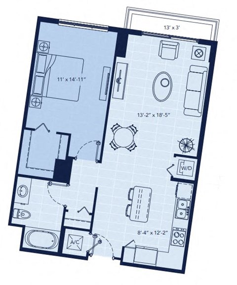 Floor plan for 1 bed, 1 bath, 770 sqft